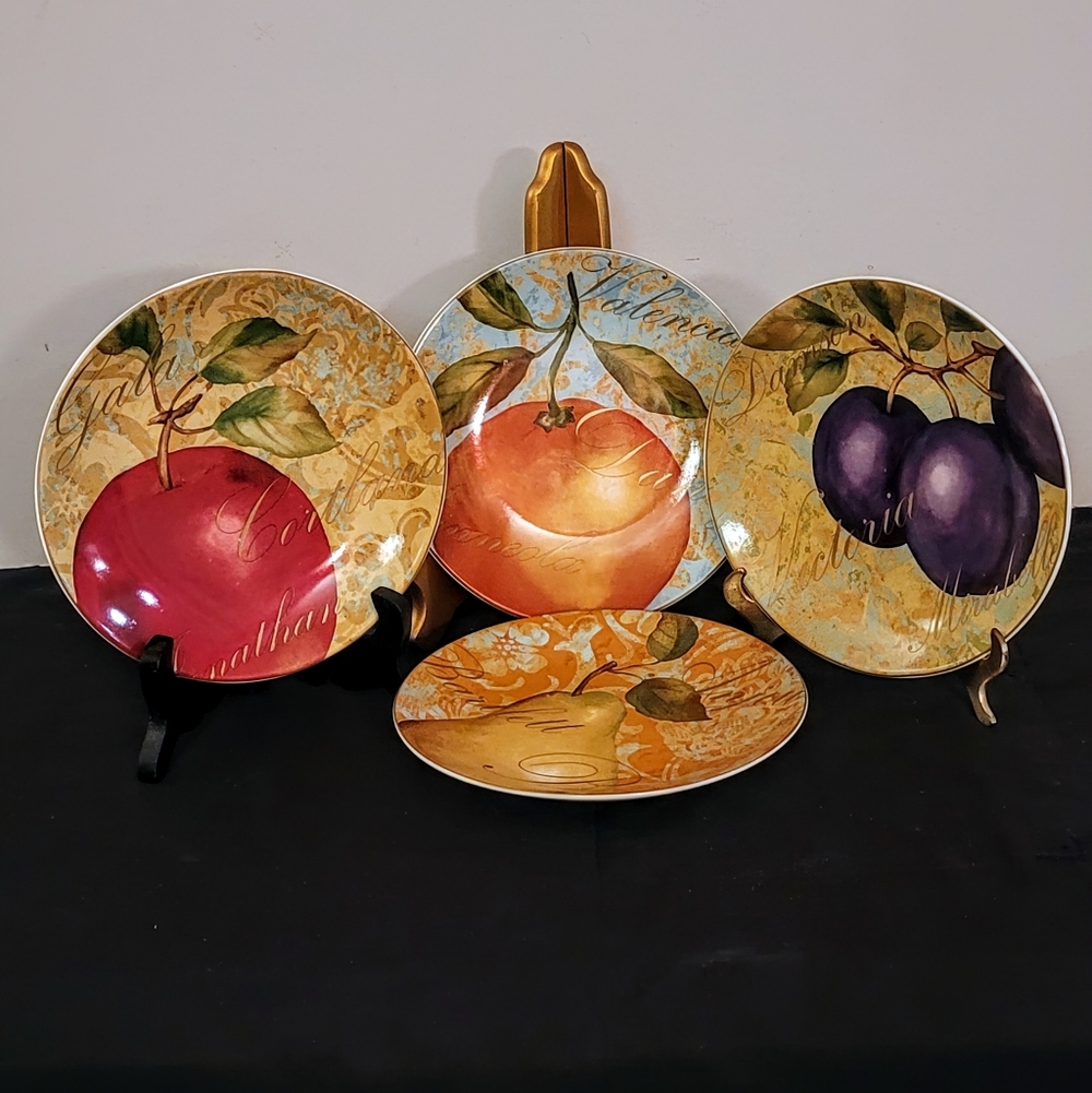 222 Fifth Fruit Renaissance Appetizer Plates Set 4 Apple Pear Plum Orange Tuscan